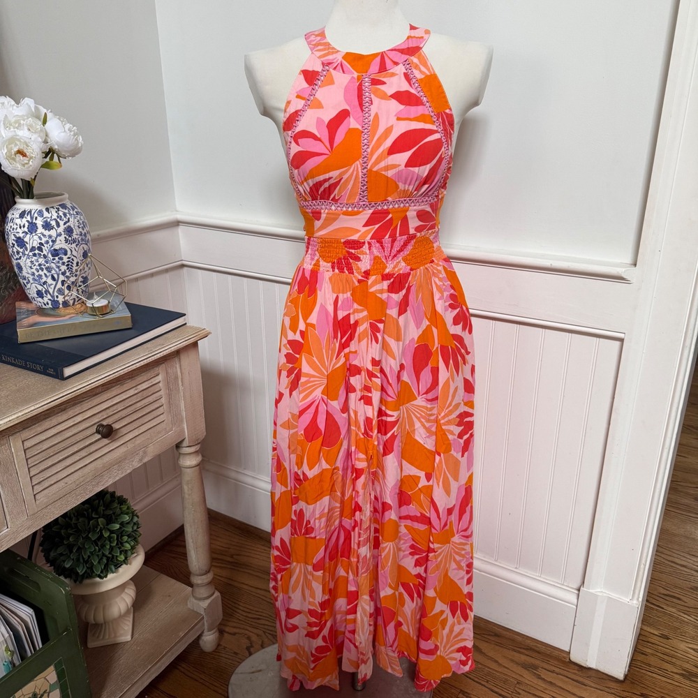 Sleeveless Pink & Orange Floral Maxi Dress